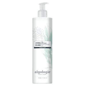 A 200 ml (6.76 fl oz) white bottle of Algologie Deep Cleansing Gel with a pump dispenser, decorated with minimalist green leaf designs and text.