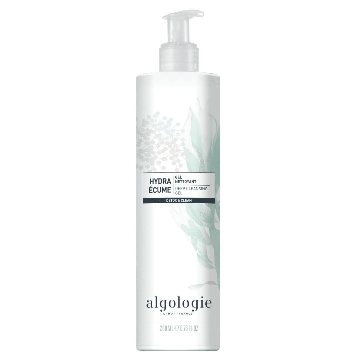 A 200 ml (6.76 fl oz) white bottle of Algologie Deep Cleansing Gel with a pump dispenser, decorated with minimalist green leaf designs and text.