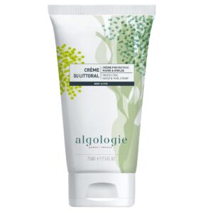 A 75 ml white tube of Algologie Hand & Nails Cream has green seaweed illustrations and bilingual French-English text.