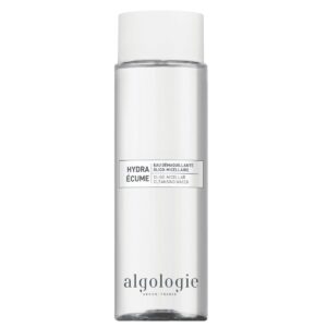 A clear bottle of Algologie Marine Micellar Water with a white cap and minimalist black text on a white label.