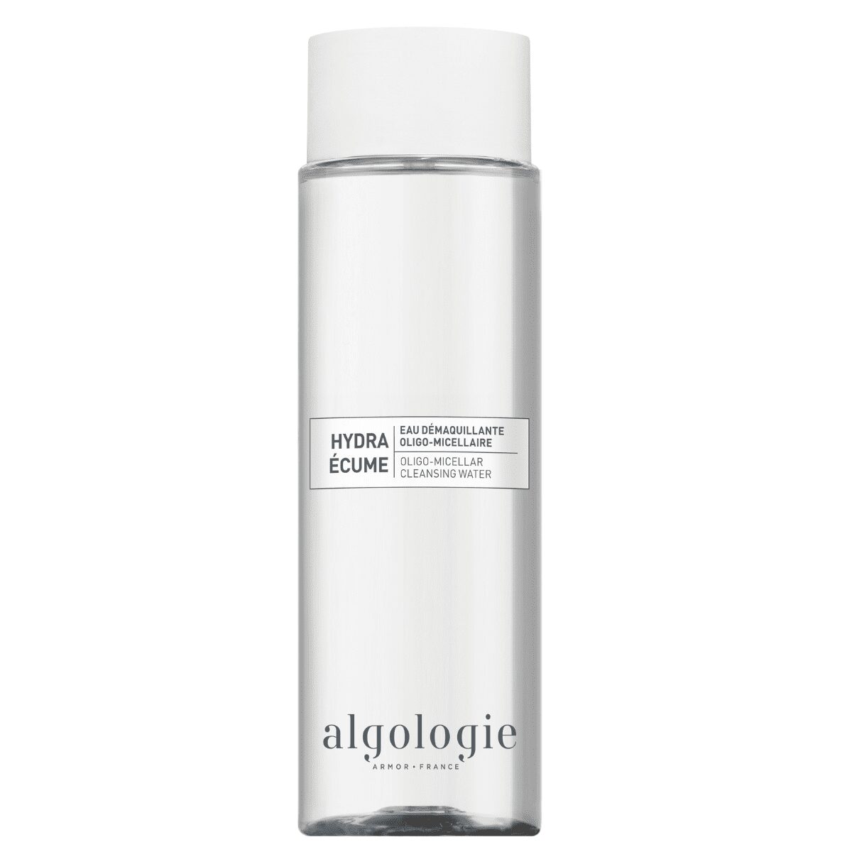 A clear bottle of Algologie Marine Micellar Water with a white cap and minimalist black text on a white label.