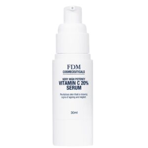 A 30ml white bottle of FDM Vitamin C 20% Serum, featuring a pump dispenser and blue label text, delivers high-potency vitamin C to revitalize aging skin and enhance a radiant complexion.