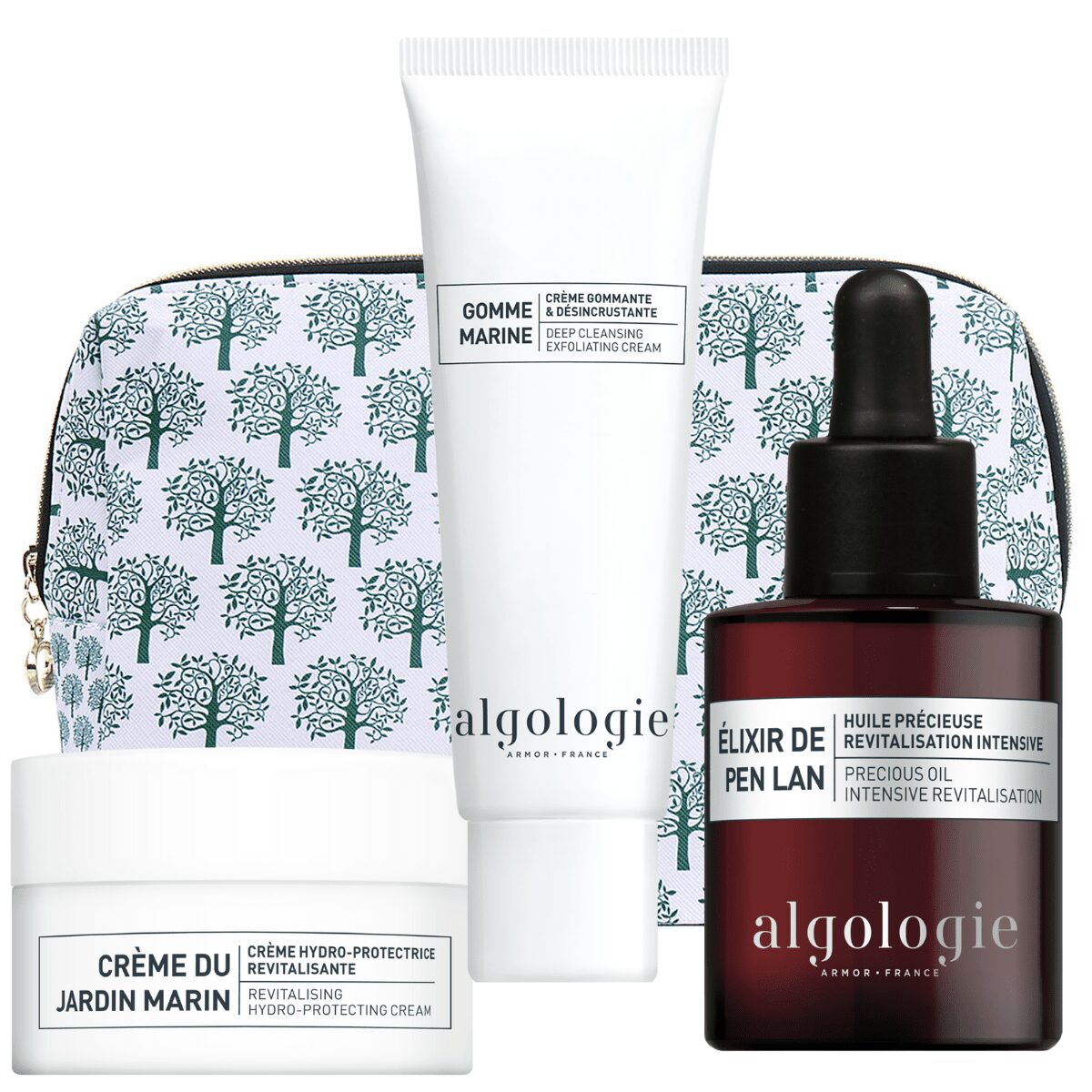 The Algologie Revitalizing Booster Set includes a cream jar, an exfoliating cream tube, and a dropper bottle, all displayed in front of a white cosmetic bag with a blue tree design.