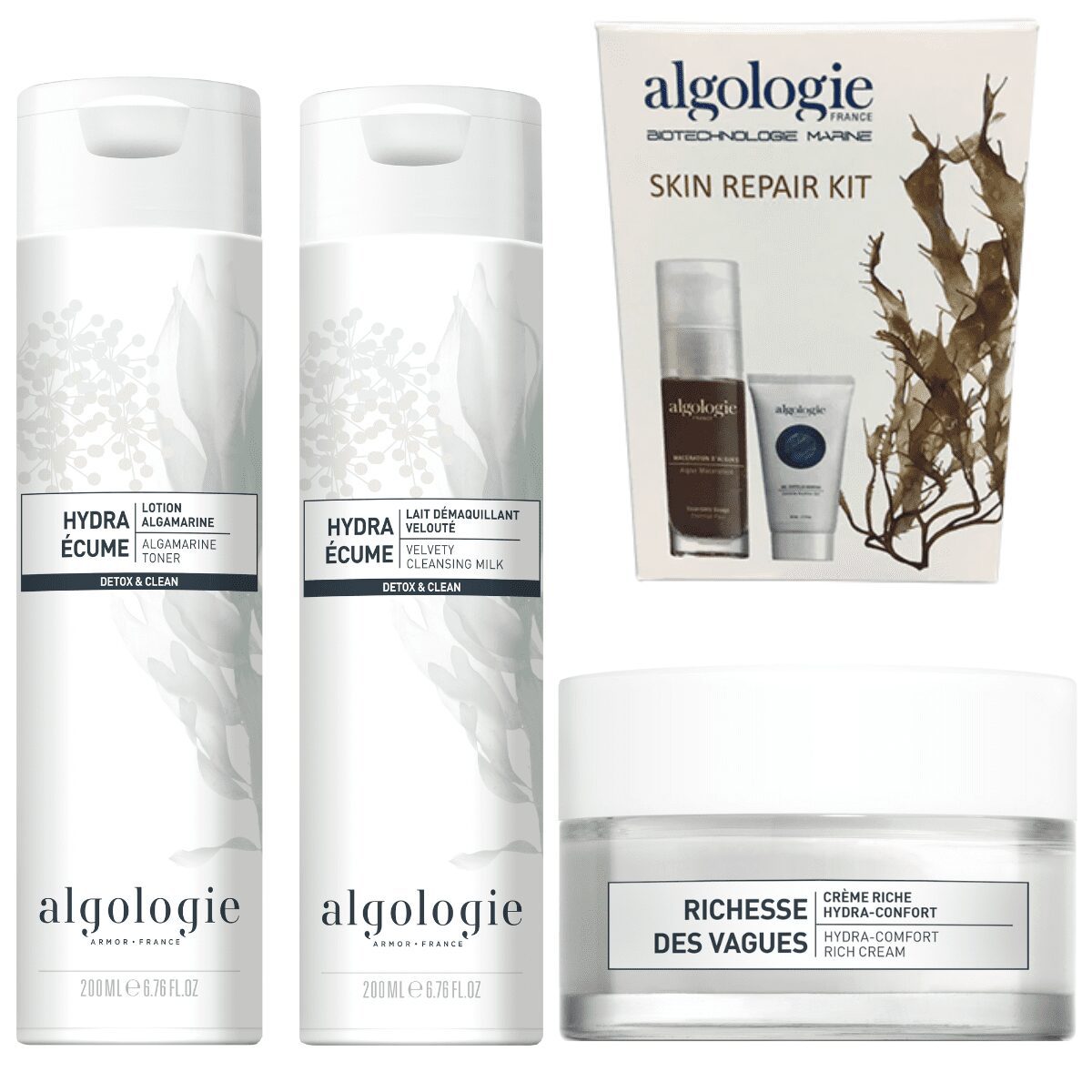 Four Algologie Skin products: two tall Hydra Ecume bottles, a Richemess des Vagues cream jar, and a boxed Skin Repair Kit with two small tubes and one small bottle—all minimalist white, like Home Direct From The Therapist care.