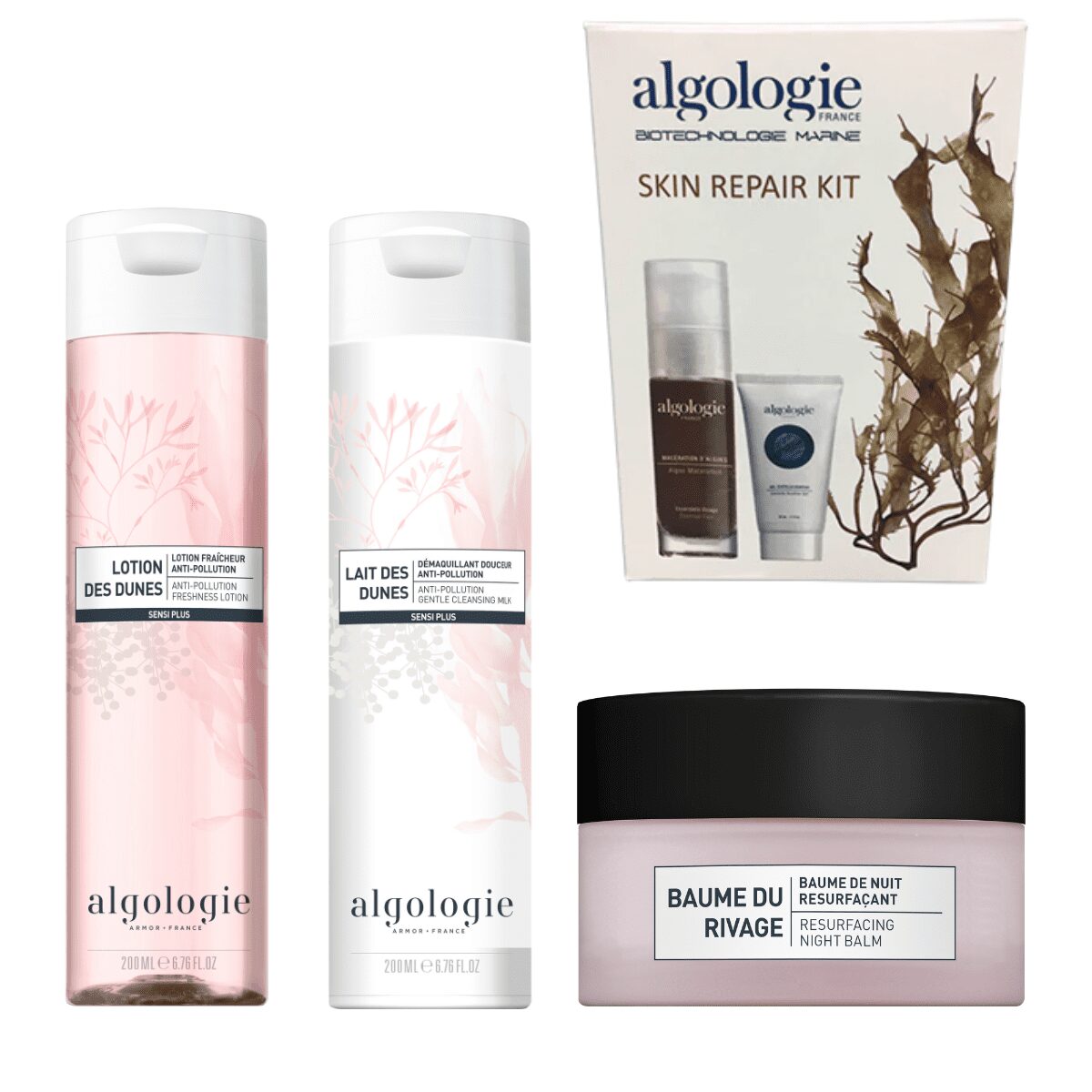 Four Algologie Skin products: two tall bottles with pink and white labels, a small jar with a pale pink lid labeled night balm, and a skin repair kit box—available Home Direct From The Therapist with marine-themed graphics.