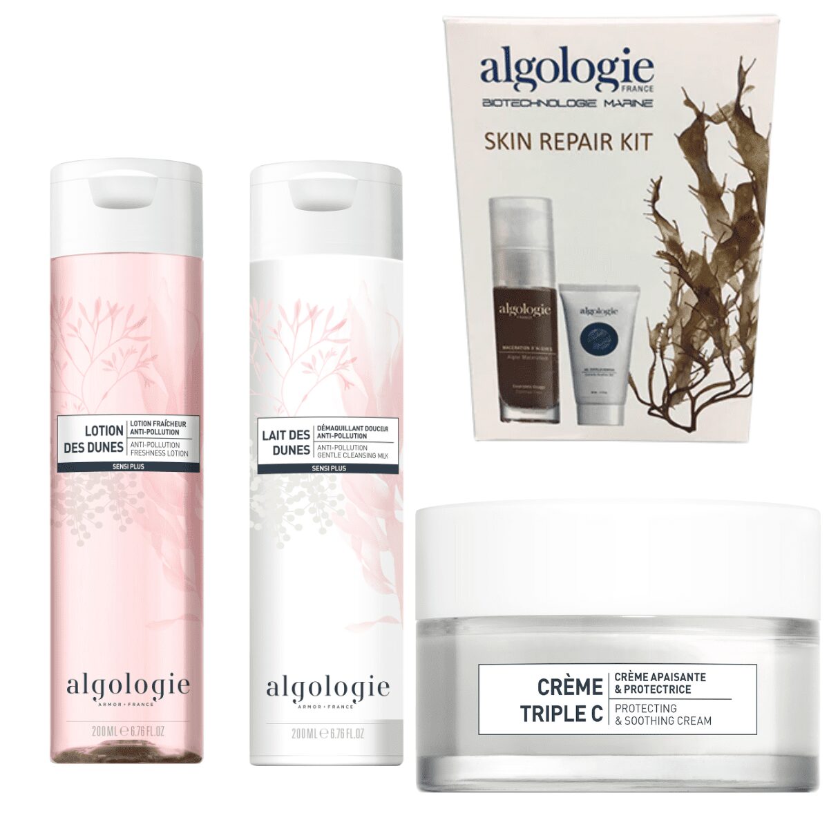 Four Algologie Skin products—two tall bottles with coral designs, a “Crème Triple C” jar, and a Skin Repair Kit box—are beautifully arranged on a white background, bringing Home Direct From The Therapist care to your skincare routine.
