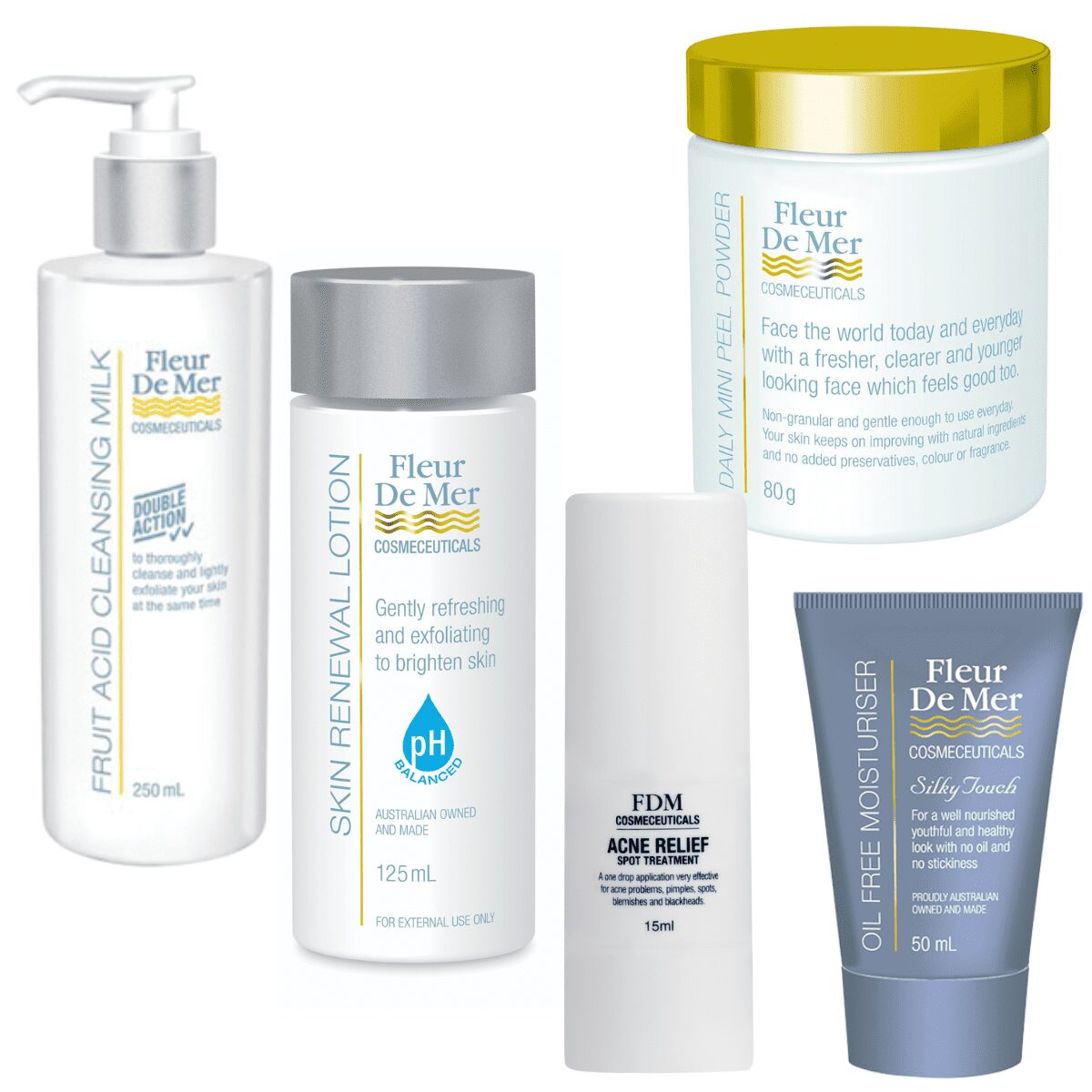 The FDM Acne Control Pack includes five Fleur De Mer skincare products: fruit acid cleansing milk pump, skin renewal lotion bottle, acne relief tube, daily mini peel powder jar, and oil-free moisturiser tube.