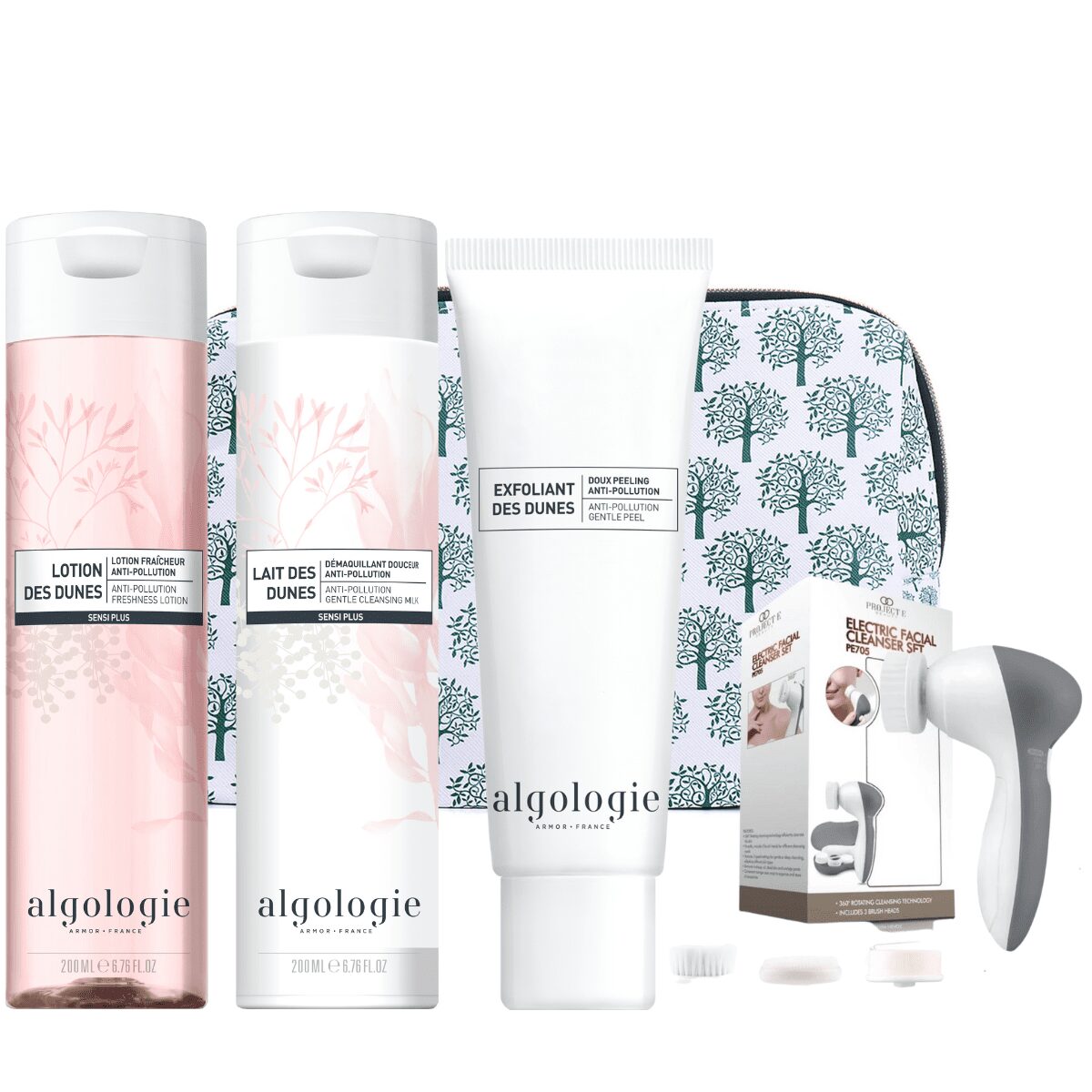 Three Algologie Skin products and an exfoliating brush set are displayed in front of a patterned cosmetic bag with tree designs. Enjoy lotion, milk, and exfoliant in white and pink packaging—your spa moment, Home Direct From The Therapist.