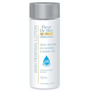 A 125mL white bottle of FDM Skin Renewal Lotion with a silver cap, labeled pH balanced, gently refreshes and exfoliates to brighten skin. For external use only.
