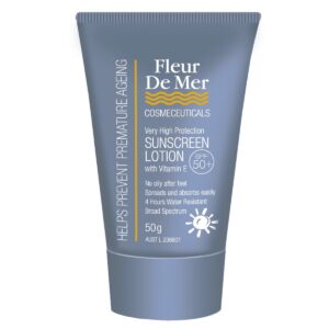 A grey tube of Sunscreen SPF 50 Clear offers very high protection, is water resistant, contains Vitamin E, and helps prevent premature aging.