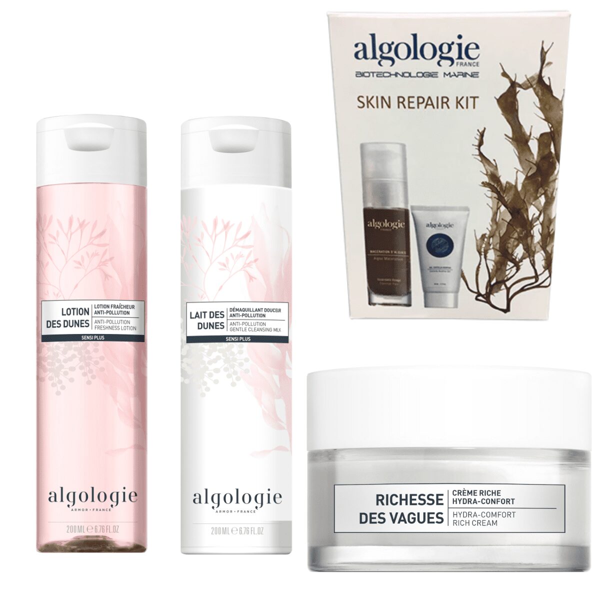 Four Algologie Skin products, including two tall bottles with pink and white designs, a white jar, and a boxed skin repair kit with marine imagery—Home Direct From The Therapist for professional results.