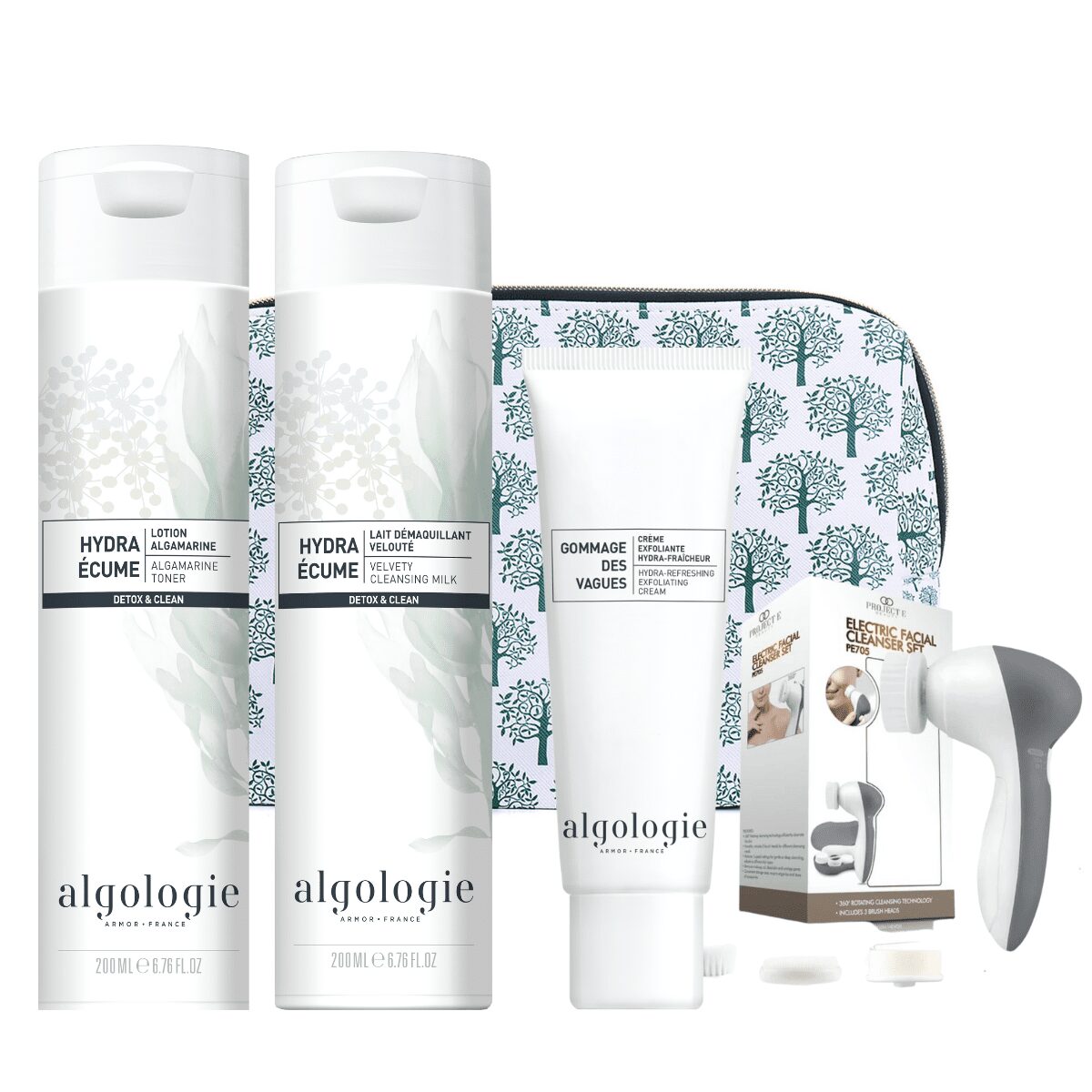 The Detox Cleansing Exfoliating Set includes two Algologie bottles, a cleansing milk tube, an exfoliating cream, a patterned zip pouch, and an electric facial cleansing brush with accessories.