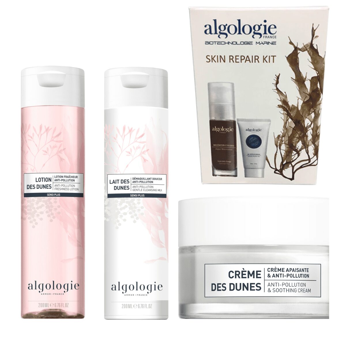Algologie Skin Repair Kit with three white and pink skincare bottles labeled “Lotion des Dunes,” “Lait des Dunes,” and “Crème des Dunes,” shown beside the box—get radiant skin at home, direct from the therapist.