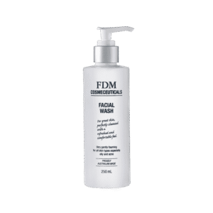 A 250ml white pump bottle of FDM Facial Wash, designed by FDM Cosmeceuticals for gentle foaming cleansing. Suitable for all skin types, especially oily and acne-prone skin.