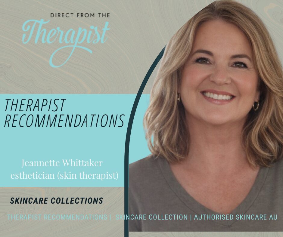 A smiling woman with blonde hair stands next to text reading Therapist Recommendations, Jeannette Whittaker, esthetician (skin therapist), and Skincare Collections on a teal and beige background.
